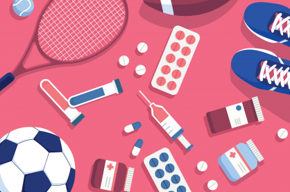 Illustration of sports equipment with needles and pills